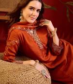 Orange silk blend embroidered anarkali kurta set with dupatta.