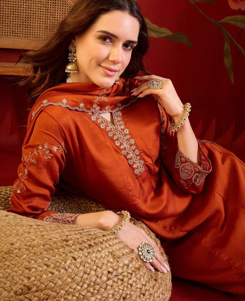 Orange silk blend embroidered anarkali kurta set with dupatta.