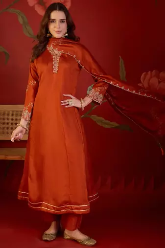 Orange silk blend embroidered anarkali kurta set with dupatta.