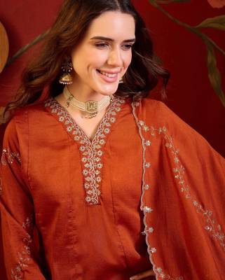 Orange silk blend embroidered anarkali kurta set with dupatta. 3