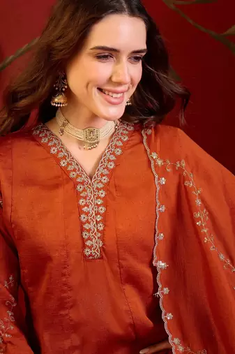 Orange silk blend embroidered anarkali kurta set with dupatta.