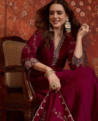 Wine silk blend embroidered anarkali kurta set with dupatta. 1
