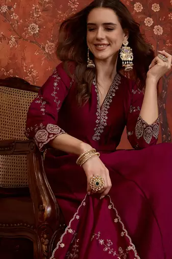 Wine silk blend embroidered anarkali kurta set with dupatta.