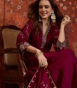 Wine silk blend embroidered anarkali kurta set with dupatta.