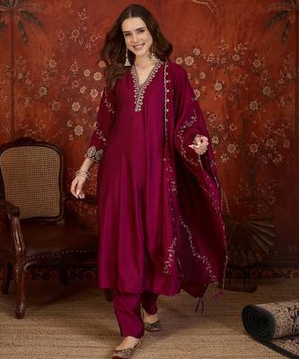 Wine silk blend embroidered anarkali kurta set with dupatta. 2
