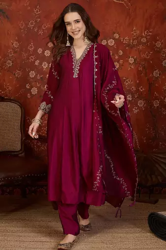 Wine silk blend embroidered anarkali kurta set with dupatta.