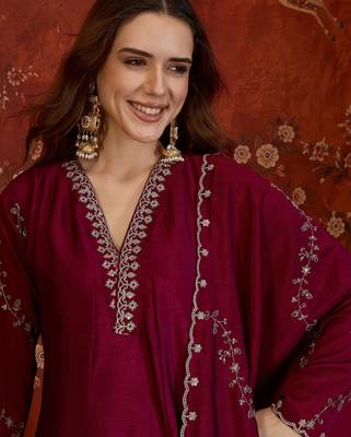 Wine silk blend embroidered anarkali kurta set with dupatta. 3