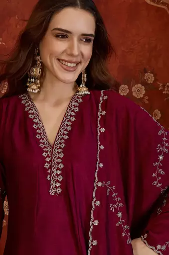 Wine silk blend embroidered anarkali kurta set with dupatta.