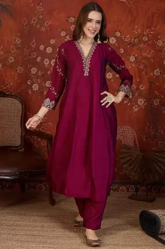 Wine silk blend embroidered anarkali kurta set with dupatta.