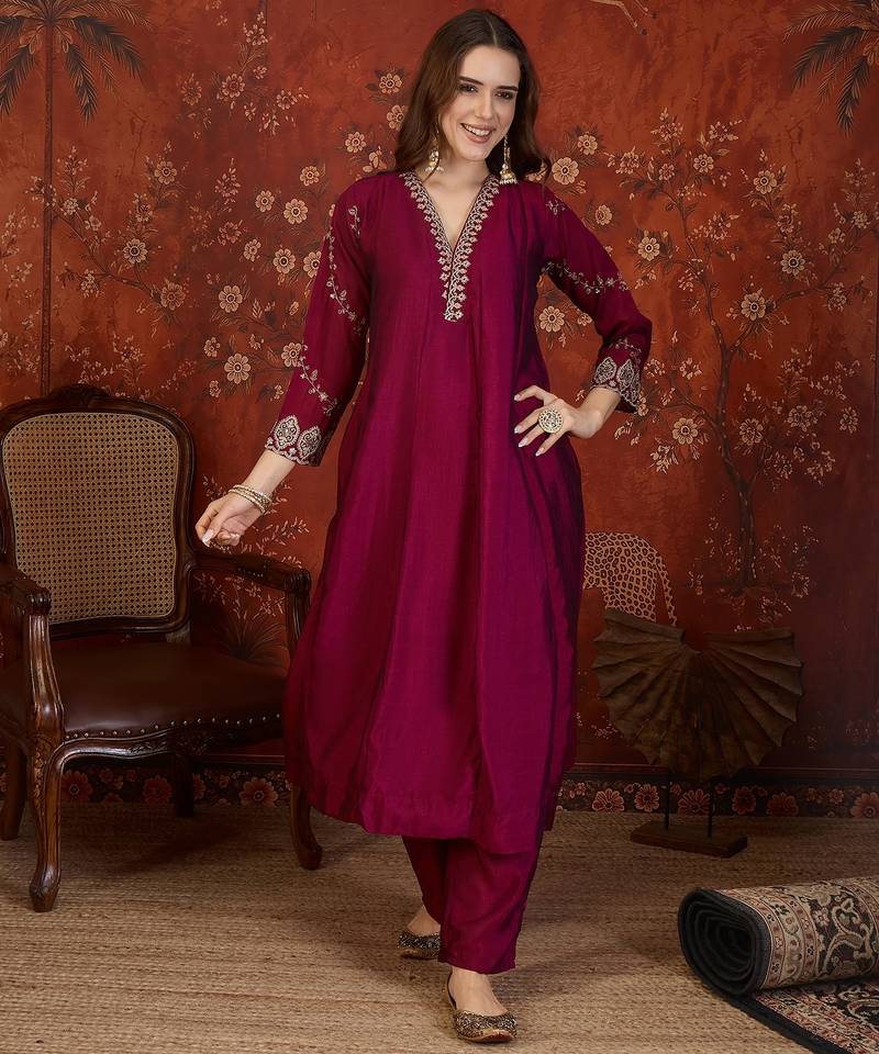 Wine silk blend embroidered anarkali kurta set with dupatta.