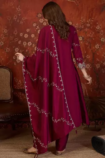 Wine silk blend embroidered anarkali kurta set with dupatta.