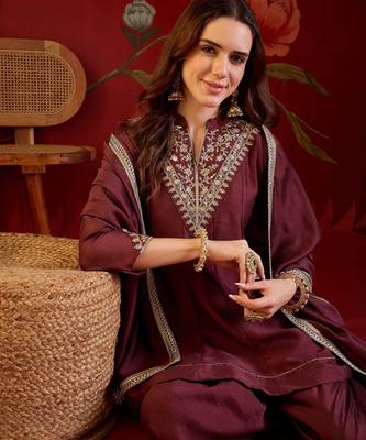 Coffee silk blend embroidered kurta sharara set with dupatta. 1