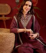 Coffee silk blend embroidered kurta sharara set with dupatta.