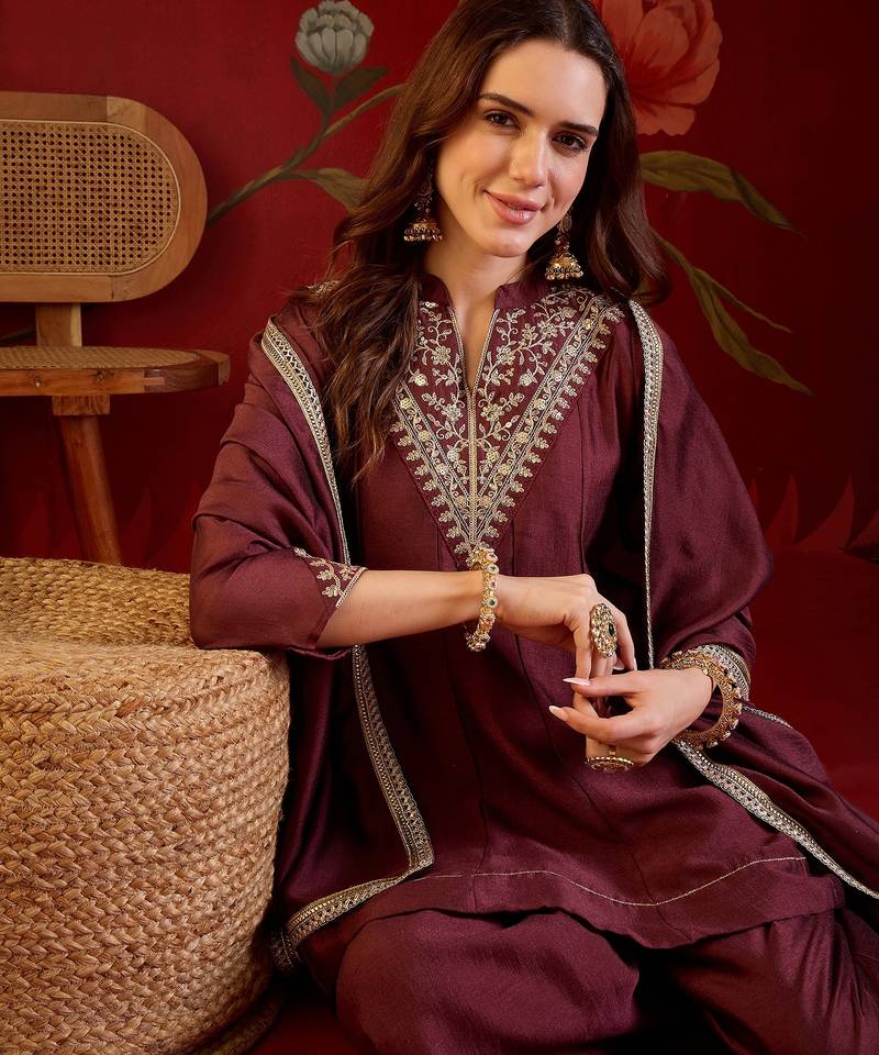 Coffee silk blend embroidered kurta sharara set with dupatta.