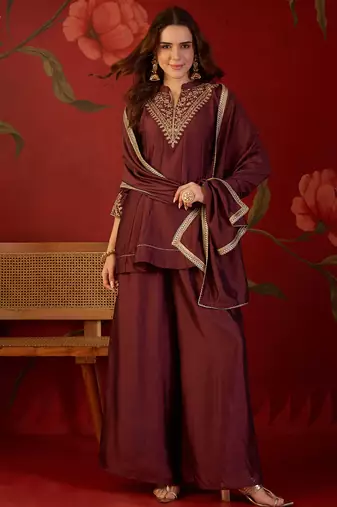 Coffee silk blend embroidered kurta sharara set with dupatta.