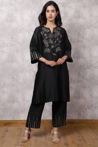 Black silk blend chanderi hand embroidered kurta set