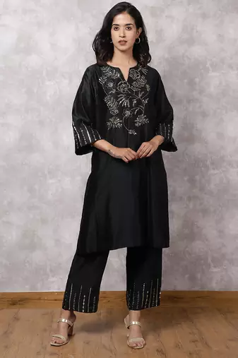 Black silk blend chanderi hand embroidered kurta set