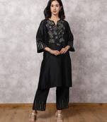 Black silk blend chanderi hand embroidered kurta set