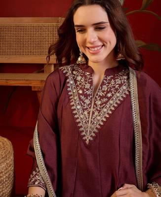 Coffee silk blend embroidered kurta sharara set with dupatta. 3