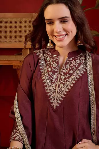 Coffee silk blend embroidered kurta sharara set with dupatta.
