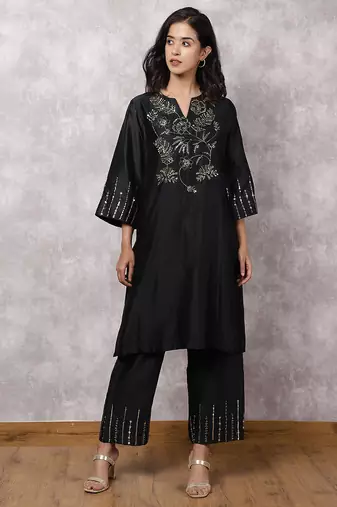 Black silk blend chanderi hand embroidered kurta set