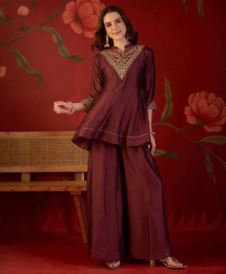 Coffee silk blend embroidered kurta sharara set with dupatta. 4