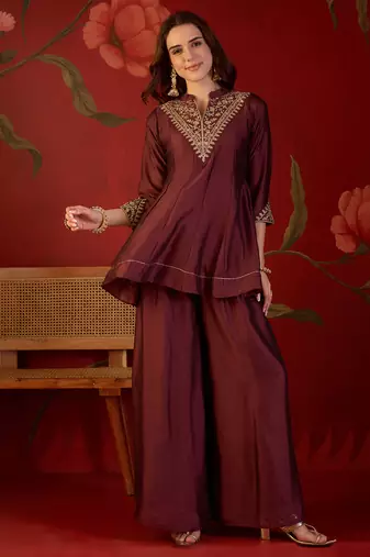 Coffee silk blend embroidered kurta sharara set with dupatta.
