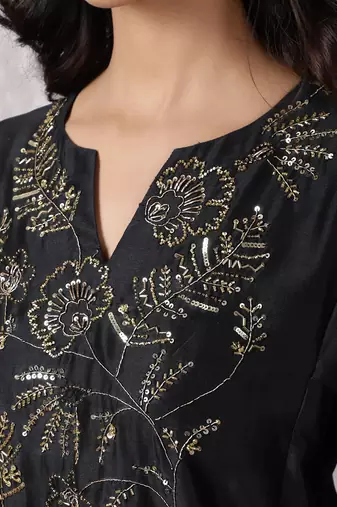 Black silk blend chanderi hand embroidered kurta set