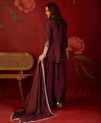 Coffee silk blend embroidered kurta sharara set with dupatta. 5