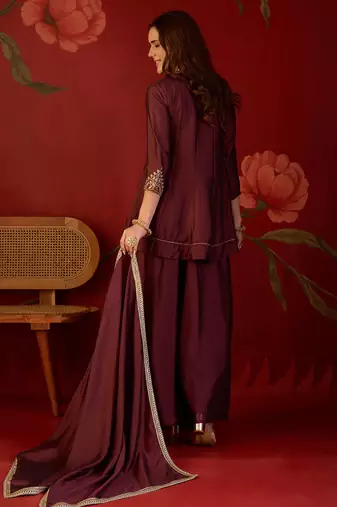Coffee silk blend embroidered kurta sharara set with dupatta.