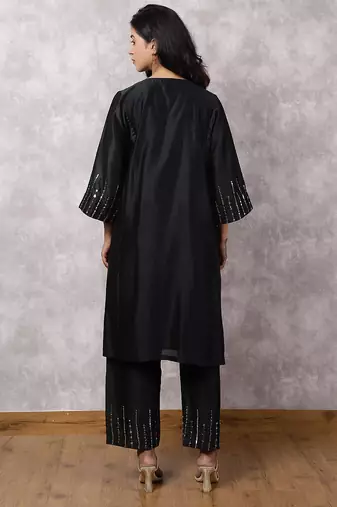 Black silk blend chanderi hand embroidered kurta set