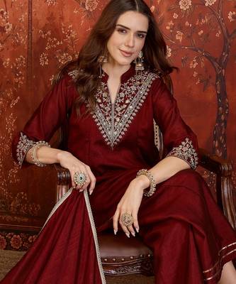 Maroon silk blend embroidered kurta sharara set with Dupatta. 1