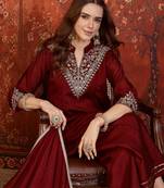 Maroon silk blend embroidered kurta sharara set with Dupatta.