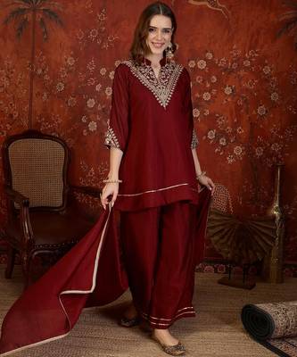 Maroon silk blend embroidered kurta sharara set with Dupatta. 2