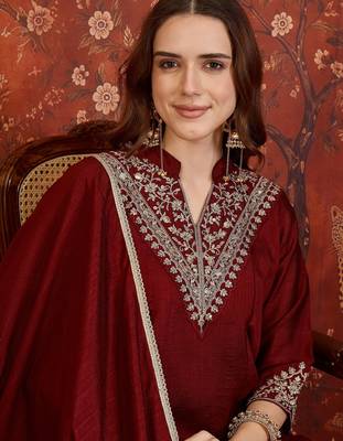 Maroon silk blend embroidered kurta sharara set with Dupatta. 3