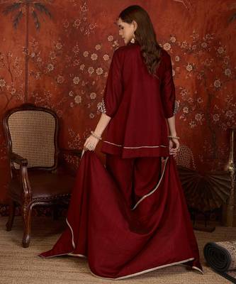 Maroon silk blend embroidered kurta sharara set with Dupatta. 5