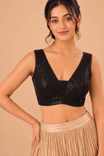 women's embroidery padded back-open sleeveless saree blouse