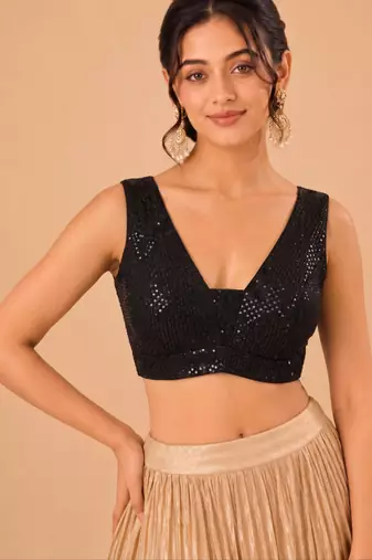 women's embroidery padded back-open sleeveless saree blouse