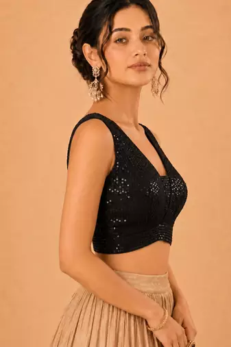 women's embroidery padded back-open sleeveless saree blouse