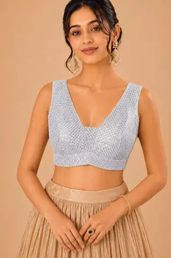 women's embroidery padded back-open sleeveless saree blouse