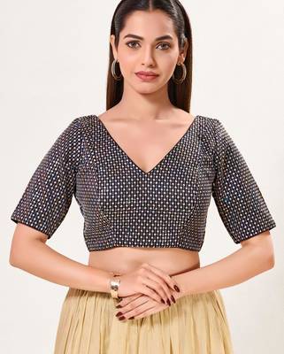 women's jain silk blend  padded back open elbow-sleeves saree blouse 1