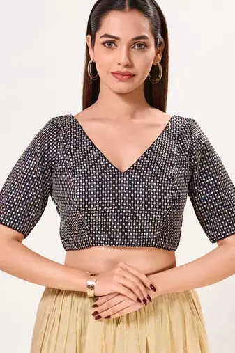 women's jain silk blend  padded back open elbow-sleeves saree blouse