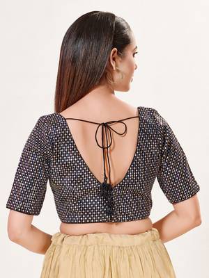 women's jain silk blend  padded back open elbow-sleeves saree blouse 2
