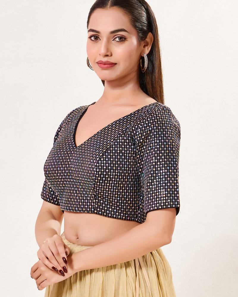 women's jain silk blend  padded back open elbow-sleeves saree blouse