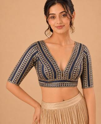 women's jain silk blend  padded back open elbow-sleeves saree blouse 1