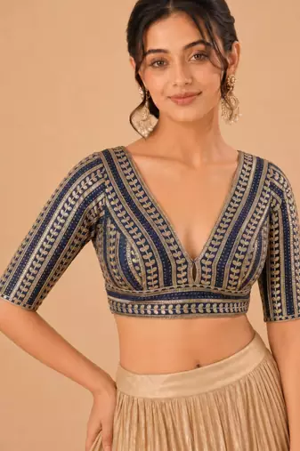 women's jain silk blend  padded back open elbow-sleeves saree blouse