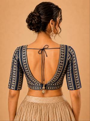 women's jain silk blend  padded back open elbow-sleeves saree blouse 2