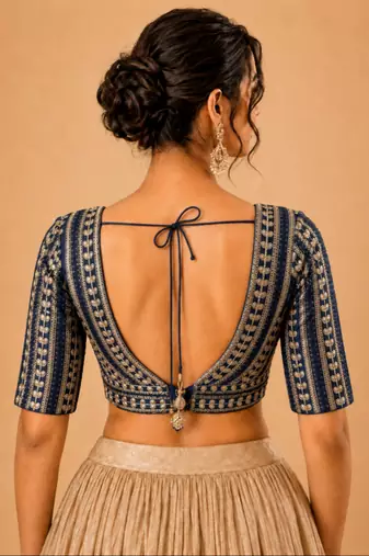 women's jain silk blend  padded back open elbow-sleeves saree blouse
