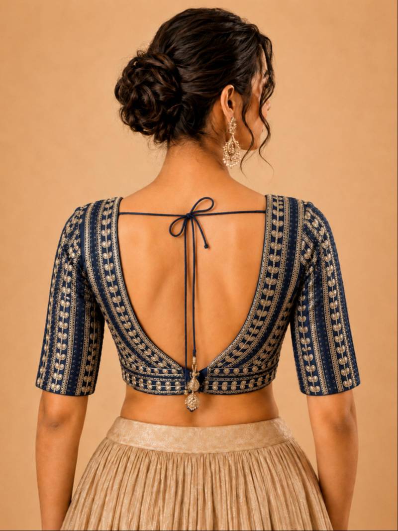women's jain silk blend  padded back open elbow-sleeves saree blouse