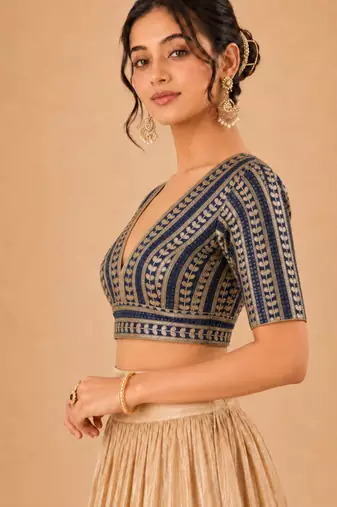 women's jain silk blend  padded back open elbow-sleeves saree blouse